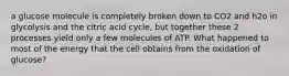 a glucose molecule is completely broken down to CO2 and h2o in glycolysis and the citric acid cycle, but together these 2 processes yield only a few molecules of ATP. What happened to most of the energy that the cell obtains from the oxidation of glucose?