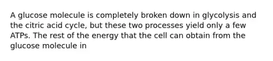 A glucose molecule is completely broken down in glycolysis and the citric acid cycle, but these two processes yield only a few ATPs. The rest of the energy that the cell can obtain from the glucose molecule in