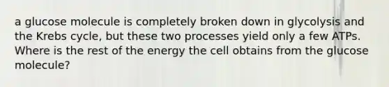 a glucose molecule is completely broken down in glycolysis and the Krebs cycle, but these two processes yield only a few ATPs. Where is the rest of the energy the cell obtains from the glucose molecule?