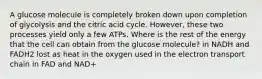 A glucose molecule is completely broken down upon completion of glycolysis and the citric acid cycle. However, these two processes yield only a few ATPs. Where is the rest of the energy that the cell can obtain from the glucose molecule? in NADH and FADH2 lost as heat in the oxygen used in the electron transport chain in FAD and NAD+