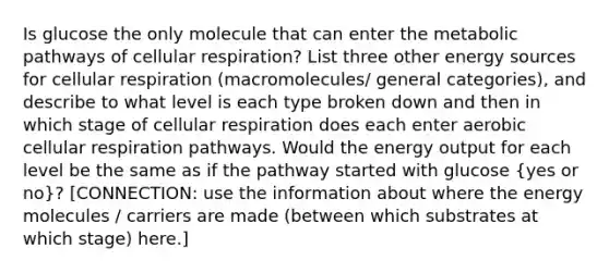 Is glucose the only molecule that can enter the metabolic pathways of <a href='https://www.questionai.com/knowledge/k1IqNYBAJw-cellular-respiration' class='anchor-knowledge'>cellular respiration</a>? List three other energy sources for cellular respiration (macromolecules/ general categories), and describe to what level is each type broken down and then in which stage of cellular respiration does each enter aerobic cellular respiration pathways. Would the energy output for each level be the same as if the pathway started with glucose (yes or no)? [CONNECTION: use the information about where the energy molecules / carriers are made (between which substrates at which stage) here.]