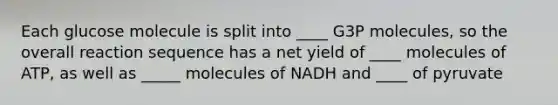 Each glucose molecule is split into ____ G3P molecules, so the overall reaction sequence has a net yield of ____ molecules of ATP, as well as _____ molecules of NADH and ____ of pyruvate