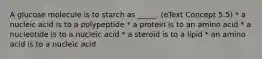 A glucose molecule is to starch as _____. (eText Concept 5.5) * a nucleic acid is to a polypeptide * a protein is to an amino acid * a nucleotide is to a nucleic acid * a steroid is to a lipid * an amino acid is to a nucleic acid