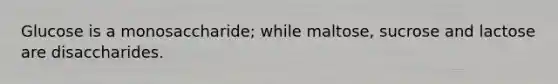 Glucose is a monosaccharide; while maltose, sucrose and lactose are disaccharides.