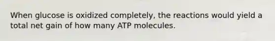 When glucose is oxidized completely, the reactions would yield a total net gain of how many ATP molecules.