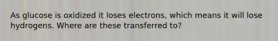 As glucose is oxidized it loses electrons, which means it will lose hydrogens. Where are these transferred to?