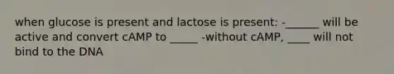 when glucose is present and lactose is present: -______ will be active and convert cAMP to _____ -without cAMP, ____ will not bind to the DNA