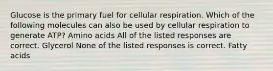 Glucose is the primary fuel for cellular respiration. Which of the following molecules can also be used by cellular respiration to generate ATP? Amino acids All of the listed responses are correct. Glycerol None of the listed responses is correct. Fatty acids