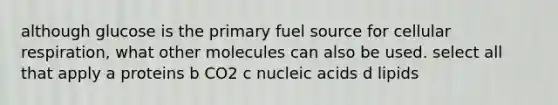 although glucose is the primary fuel source for cellular respiration, what other molecules can also be used. select all that apply a proteins b CO2 c nucleic acids d lipids