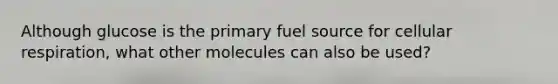 Although glucose is the primary fuel source for cellular respiration, what other molecules can also be used?