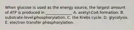 When glucose is used as the energy source, the largest amount of ATP is produced in ______________ A. acetyl-CoA formation. B. substrate-level phosphorylation. C. the Krebs cycle. D. glycolysis. E. electron transfer phosphorylation.