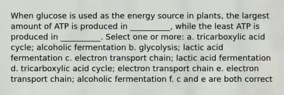 When glucose is used as the energy source in plants, the largest amount of ATP is produced in __________, while the least ATP is produced in __________. Select one or more: a. tricarboxylic acid cycle; alcoholic fermentation b. glycolysis; lactic acid fermentation c. electron transport chain; lactic acid fermentation d. tricarboxylic acid cycle; electron transport chain e. electron transport chain; alcoholic fermentation f. c and e are both correct