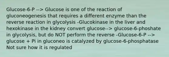 Glucose-6-P --> Glucose is one of the reaction of gluconeogenesis that requires a different enzyme than the reverse reaction in glycolysis -Glucokinase in the liver and hexokinase in the kidney convert glucose--> glucose-6-phoshate in glycolysis, but do NOT perform the reverse -Glucose-6-P --> glucose + Pi in gluconeo is catalyzed by glucose-6-phosphatase Not sure how it is regulated