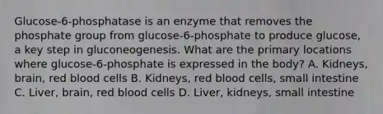 Glucose-6-phosphatase is an enzyme that removes the phosphate group from glucose-6-phosphate to produce glucose, a key step in gluconeogenesis. What are the primary locations where glucose-6-phosphate is expressed in the body? A. Kidneys, brain, red blood cells B. Kidneys, red blood cells, small intestine C. Liver, brain, red blood cells D. Liver, kidneys, small intestine