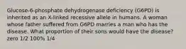 Glucose-6-phosphate dehydrogenase deficiency (G6PD) is inherited as an X-linked recessive allele in humans. A woman whose father suffered from G6PD marries a man who has the disease. What proportion of their sons would have the disease? zero 1/2 100% 1/4