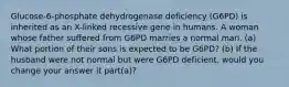 Glucose-6-phosphate dehydrogenase deficiency (G6PD) is inherited as an X-linked recessive gene in humans. A woman whose father suffered from G6PD marries a normal man. (a) What portion of their sons is expected to be G6PD? (b) If the husband were not normal but were G6PD deficient, would you change your answer it part(a)?