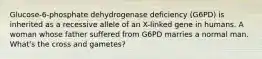 Glucose-6-phosphate dehydrogenase deficiency (G6PD) is inherited as a recessive allele of an X-linked gene in humans. A woman whose father suffered from G6PD marries a normal man. What's the cross and gametes?