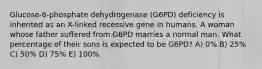 Glucose-6-phosphate dehydrogenase (G6PD) deficiency is inherited as an X-linked recessive gene in humans. A woman whose father suffered from G6PD marries a normal man. What percentage of their sons is expected to be G6PD? A) 0% B) 25% C) 50% D) 75% E) 100%