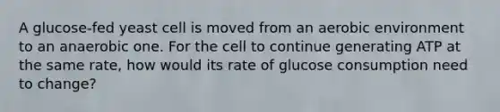 A glucose-fed yeast cell is moved from an aerobic environment to an anaerobic one. For the cell to continue generating ATP at the same rate, how would its rate of glucose consumption need to change?