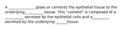 A ______________ glues or cements the epithelial tissue to the underlying__________ tissue. This "cement" is composed of a __________ secreted by the epithelial cells and a_________ secreted by the underlying ______tissue.