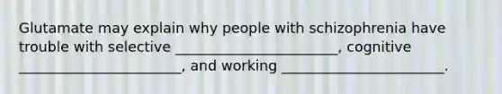 Glutamate may explain why people with schizophrenia have trouble with selective _______________________, cognitive _______________________, and working _______________________.