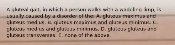 A gluteal gait, in which a person walks with a waddling limp, is usually caused by a disorder of the: A. gluteus maximus and gluteus medius. B. gluteus maximus and gluteus minimus. C. gluteus medius and gluteus minimus. D. gluteus gluteus and gluteus transverses. E. none of the above.