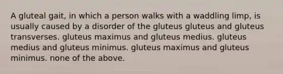 A gluteal gait, in which a person walks with a waddling limp, is usually caused by a disorder of the gluteus gluteus and gluteus transverses. gluteus maximus and gluteus medius. gluteus medius and gluteus minimus. gluteus maximus and gluteus minimus. none of the above.