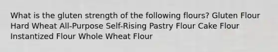 What is the gluten strength of the following flours? Gluten Flour Hard Wheat All-Purpose Self-Rising Pastry Flour Cake Flour Instantized Flour Whole Wheat Flour