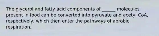 The glycerol and fatty acid components of ______ molecules present in food can be converted into pyruvate and acetyl CoA, respectively, which then enter the pathways of <a href='https://www.questionai.com/knowledge/kyxGdbadrV-aerobic-respiration' class='anchor-knowledge'>aerobic respiration</a>.