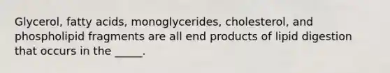 Glycerol, fatty acids, monoglycerides, cholesterol, and phospholipid fragments are all end products of lipid digestion that occurs in the _____.