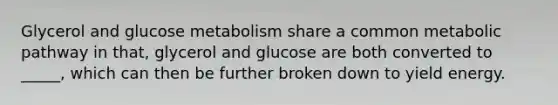 Glycerol and glucose metabolism share a common metabolic pathway in that, glycerol and glucose are both converted to _____, which can then be further broken down to yield energy.