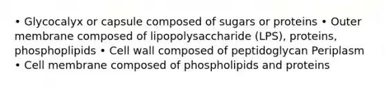 • Glycocalyx or capsule composed of sugars or proteins • Outer membrane composed of lipopolysaccharide (LPS), proteins, phosphoplipids • Cell wall composed of peptidoglycan Periplasm • Cell membrane composed of phospholipids and proteins