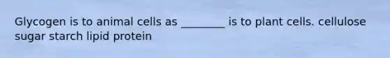Glycogen is to animal cells as ________ is to plant cells. cellulose sugar starch lipid protein