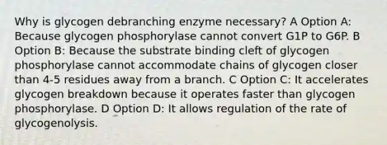 Why is glycogen debranching enzyme necessary? A Option A: Because glycogen phosphorylase cannot convert G1P to G6P. B Option B: Because the substrate binding cleft of glycogen phosphorylase cannot accommodate chains of glycogen closer than 4-5 residues away from a branch. C Option C: It accelerates glycogen breakdown because it operates faster than glycogen phosphorylase. D Option D: It allows regulation of the rate of glycogenolysis.