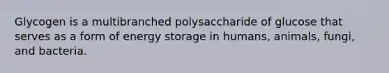 Glycogen is a multibranched polysaccharide of glucose that serves as a form of energy storage in humans, animals, fungi, and bacteria.