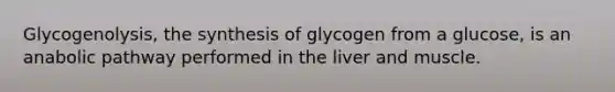 Glycogenolysis, the synthesis of glycogen from a glucose, is an anabolic pathway performed in the liver and muscle.