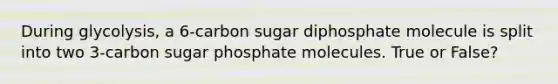 During glycolysis, a 6-carbon sugar diphosphate molecule is split into two 3-carbon sugar phosphate molecules. True or False?