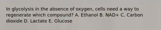 In glycolysis in the absence of oxygen, cells need a way to regenerate which compound? A. Ethanol B. NAD+ C. Carbon dioxide D. Lactate E. Glucose