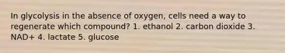 In glycolysis in the absence of oxygen, cells need a way to regenerate which compound? 1. ethanol 2. carbon dioxide 3. NAD+ 4. lactate 5. glucose