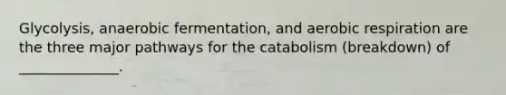 Glycolysis, anaerobic fermentation, and aerobic respiration are the three major pathways for the catabolism (breakdown) of ______________.