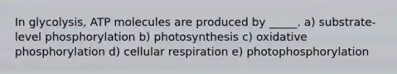 In glycolysis, ATP molecules are produced by _____. a) substrate-level phosphorylation b) photosynthesis c) <a href='https://www.questionai.com/knowledge/kFazUb9IwO-oxidative-phosphorylation' class='anchor-knowledge'>oxidative phosphorylation</a> d) <a href='https://www.questionai.com/knowledge/k1IqNYBAJw-cellular-respiration' class='anchor-knowledge'>cellular respiration</a> e) photophosphorylation