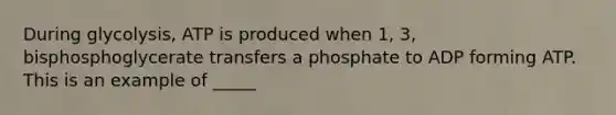 During glycolysis, ATP is produced when 1, 3, bisphosphoglycerate transfers a phosphate to ADP forming ATP. This is an example of _____