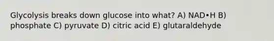 Glycolysis breaks down glucose into what? A) NAD•H B) phosphate C) pyruvate D) citric acid E) glutaraldehyde