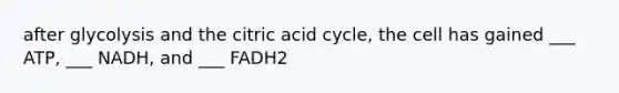 after glycolysis and the citric acid cycle, the cell has gained ___ ATP, ___ NADH, and ___ FADH2