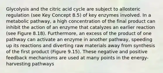 Glycolysis and the citric acid cycle are subject to allosteric regulation (see Key Concept 8.5) of key enzymes involved. In a metabolic pathway, a high concentration of the final product can inhibit the action of an enzyme that catalyzes an earlier reaction (see Figure 8.18). Furthermore, an excess of the product of one pathway can activate an enzyme in another pathway, speeding up its reactions and diverting raw materials away from synthesis of the first product (Figure 9.15). These negative and positive feedback mechanisms are used at many points in the energy-harvesting pathways