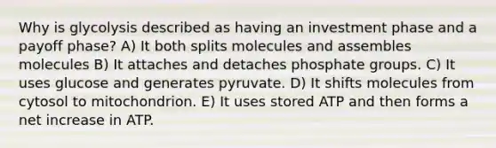 Why is glycolysis described as having an investment phase and a payoff phase? A) It both splits molecules and assembles molecules B) It attaches and detaches phosphate groups. C) It uses glucose and generates pyruvate. D) It shifts molecules from cytosol to mitochondrion. E) It uses stored ATP and then forms a net increase in ATP.