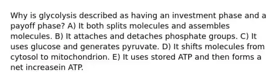 Why is glycolysis described as having an investment phase and a payoff phase? A) It both splits molecules and assembles molecules. B) It attaches and detaches phosphate groups. C) It uses glucose and generates pyruvate. D) It shifts molecules from cytosol to mitochondrion. E) It uses stored ATP and then forms a net increasein ATP.