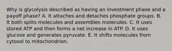 Why is glycolysis described as having an investment phase and a payoff phase? A. It attaches and detaches phosphate groups. B. It both splits molecules and assembles molecules. C. It uses stored ATP and then forms a net increase in ATP. D. It uses glucose and generates pyruvate. E. It shifts molecules from cytosol to mitochondrion.