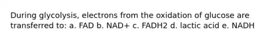 During glycolysis, electrons from the oxidation of glucose are transferred to: a. FAD b. NAD+ c. FADH2 d. lactic acid e. NADH