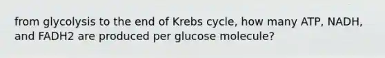 from glycolysis to the end of Krebs cycle, how many ATP, NADH, and FADH2 are produced per glucose molecule?